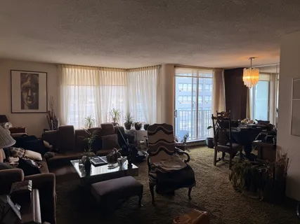 a living room with furniture two large window with wooden floor