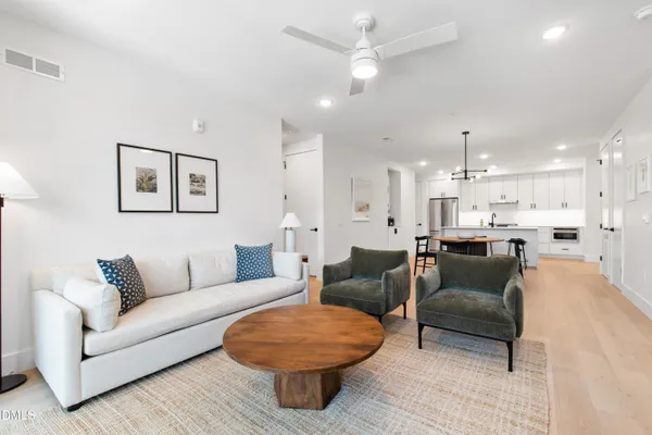 a living room with furniture and a potted plant