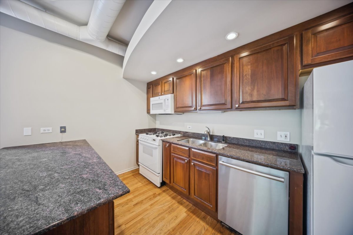 811 South Lytle Street, Unit 101 Chicago, IL 60607 - Photo 9 of 23 a kitchen with stainless steel appliances granite countertop a sink stove and refrigerator