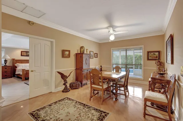 a view of a dining room with furniture