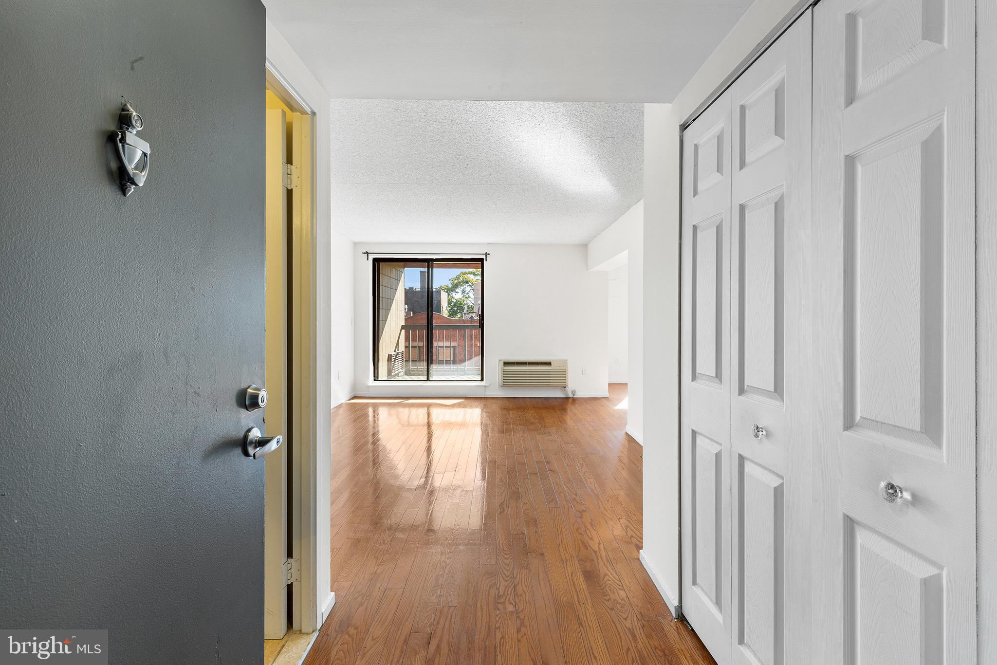 a view of a hallway with wooden floor and closet area