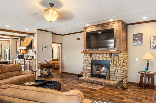 a living room with furniture a flat screen tv and a fireplace