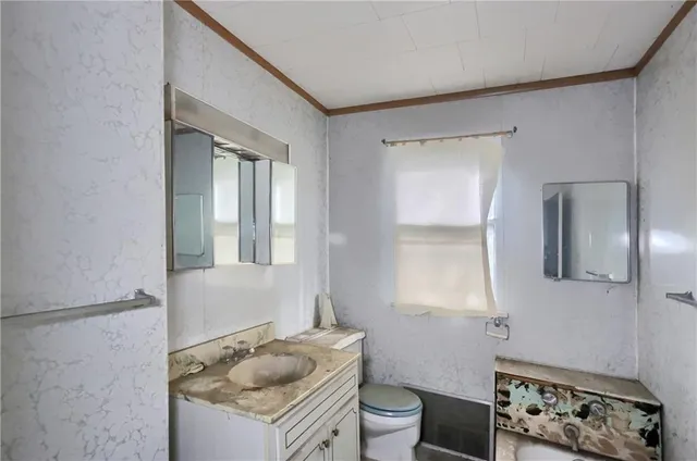 a bathroom with a granite countertop toilet sink and mirror