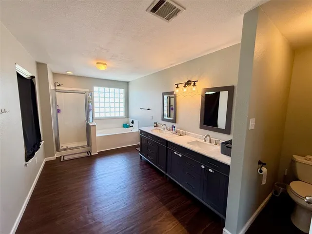 a bathroom with a double vanity sink a mirror and a toilet