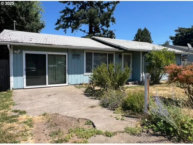 a view of a house with potted plants and a yard