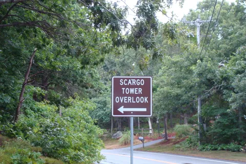 a red sign board with tall trees