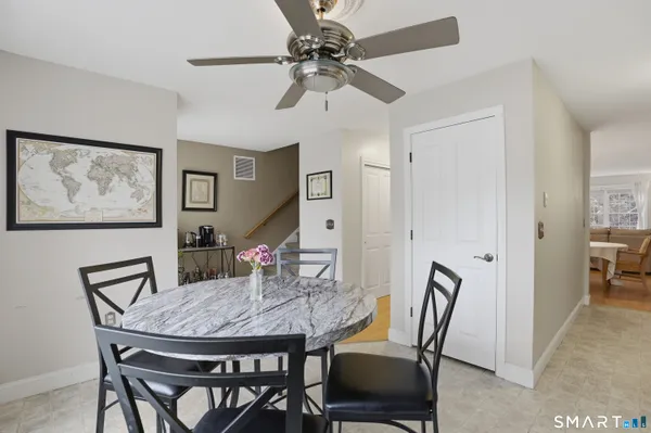 a view of a dining room with furniture
