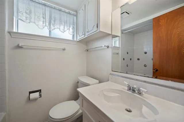 a bathroom with a sink a toilet and a mirror