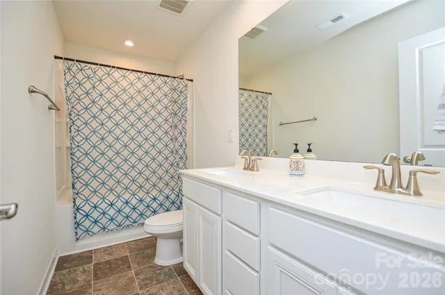 a bathroom with a sink a toilet and shower curtain