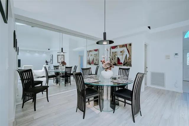 a view of a dining room with furniture