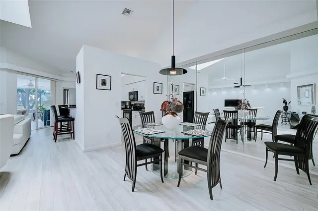 a view of a dining room with furniture