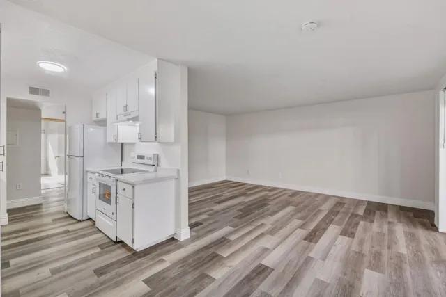 a kitchen with a stove a sink and a refrigerator