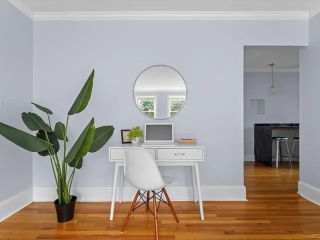 a workspace with furniture and a potted plant