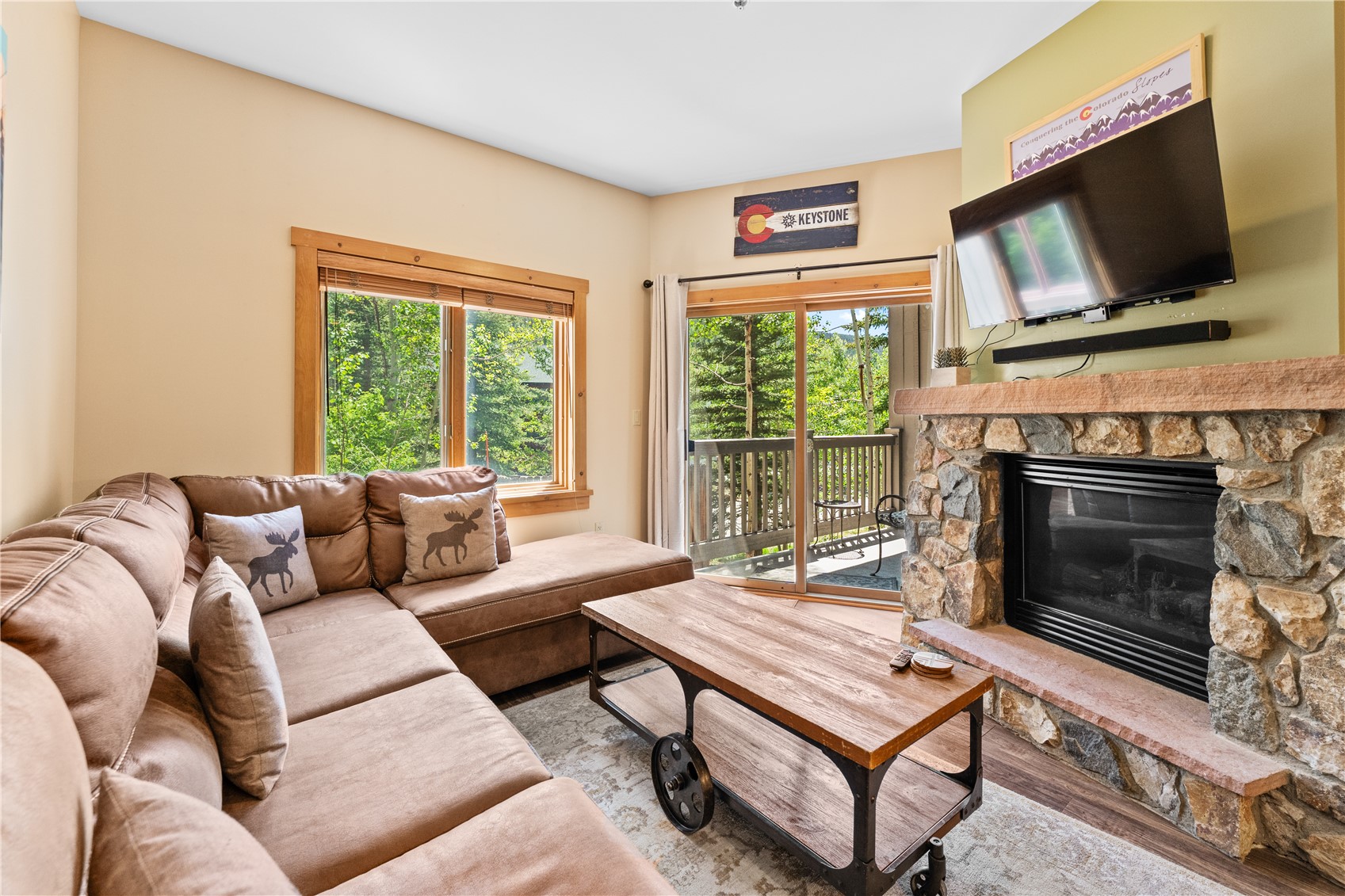 135 Dercum Drive, Unit 8563 Keystone, CO 80435 - Photo 2 of 35 a living room with furniture a flat screen tv and a fireplace