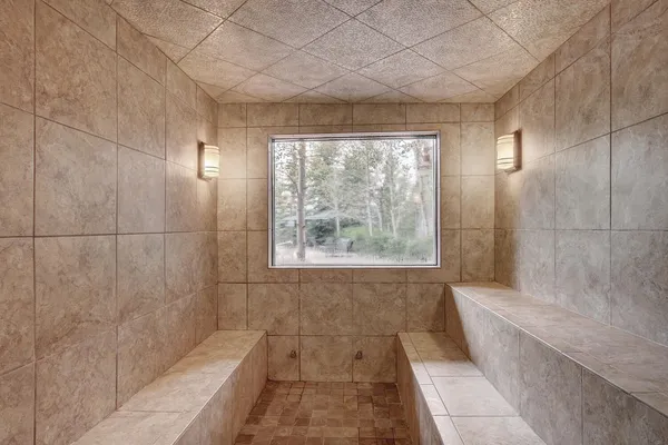 a bathroom with a shower and a toilet