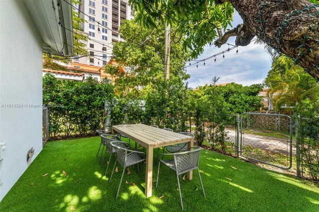 a view of a chairs and table in backyard