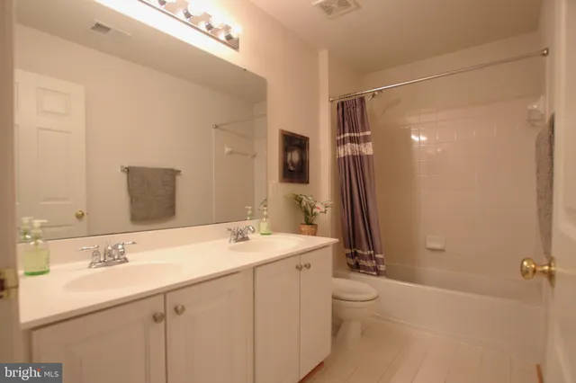 a bathroom with a double vanity sink toilet mirror and shower