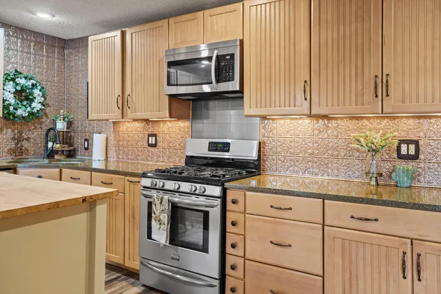 a kitchen with granite countertop white cabinets stainless steel appliances and potted plant