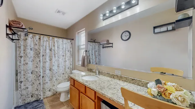 a bathroom with a granite countertop sink and a shower