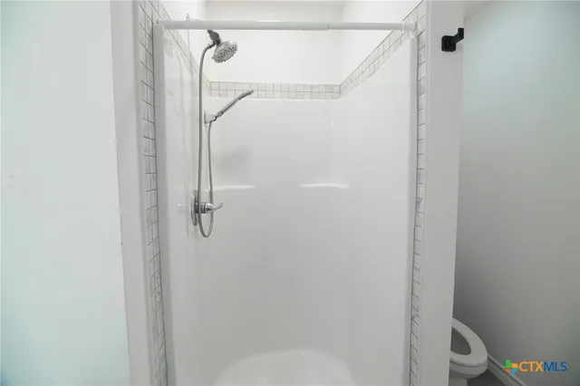 a bathroom with a shower and toilet