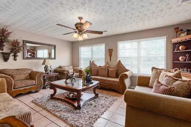 a living room with furniture a rug and a window