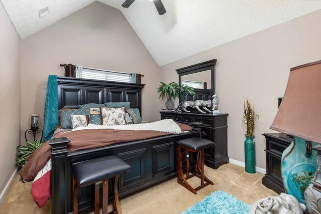 a bed room with furniture and a potted plant