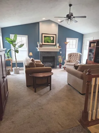 a living room with furniture and a fireplace
