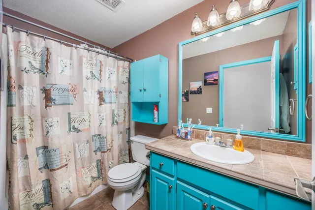 a bathroom with a granite countertop sink toilet and shower