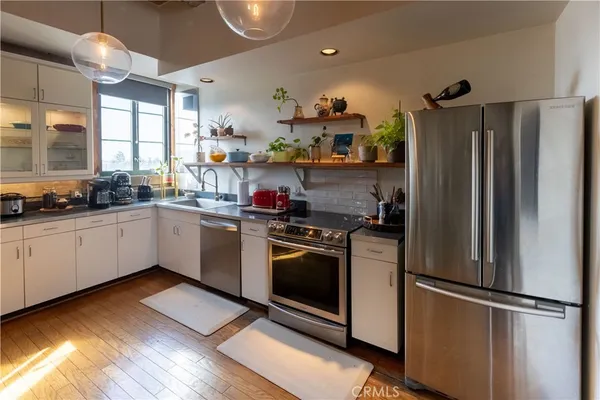 a kitchen with a sink and a potted plant