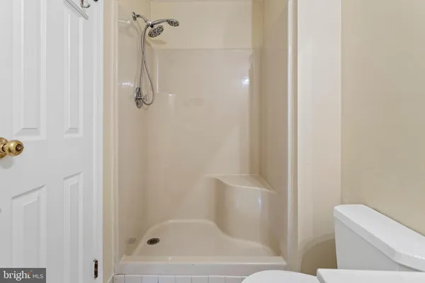 a bathroom with a shower and toilet