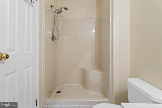 a bathroom with a shower and toilet