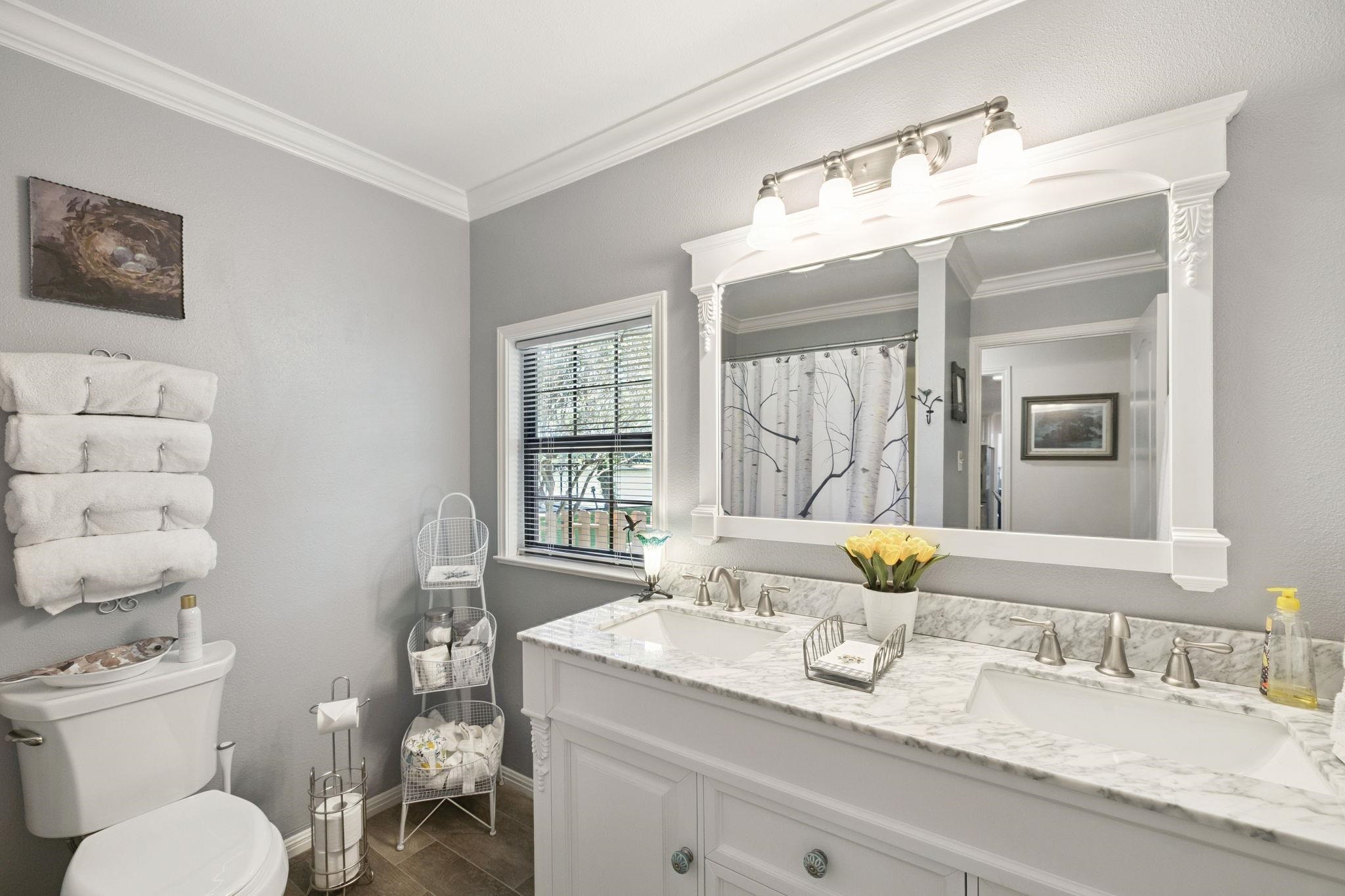1435 East Zipp Road New Braunfels, TX 78130 - Photo 26 of 43 a bathroom with a granite countertop sink mirror and toilet