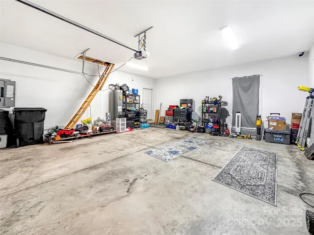 a view of a garage with rack and bicycle