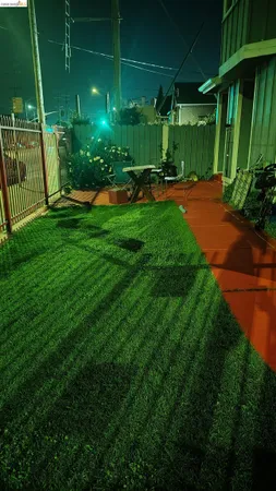 a garden view with a seating space