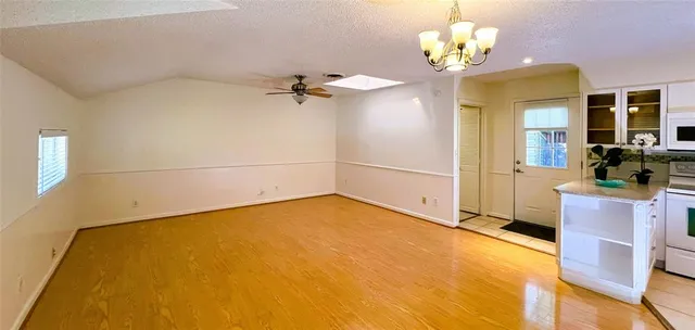 a view of a room with a chandelier