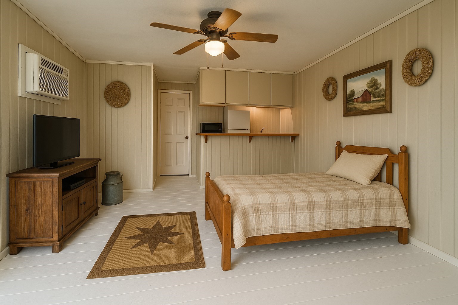 This versatile studio seamlessly transforms a cozy living space into a comfortable bedroom, designed for both relaxation and functionality. Used virtual staging for this picture.