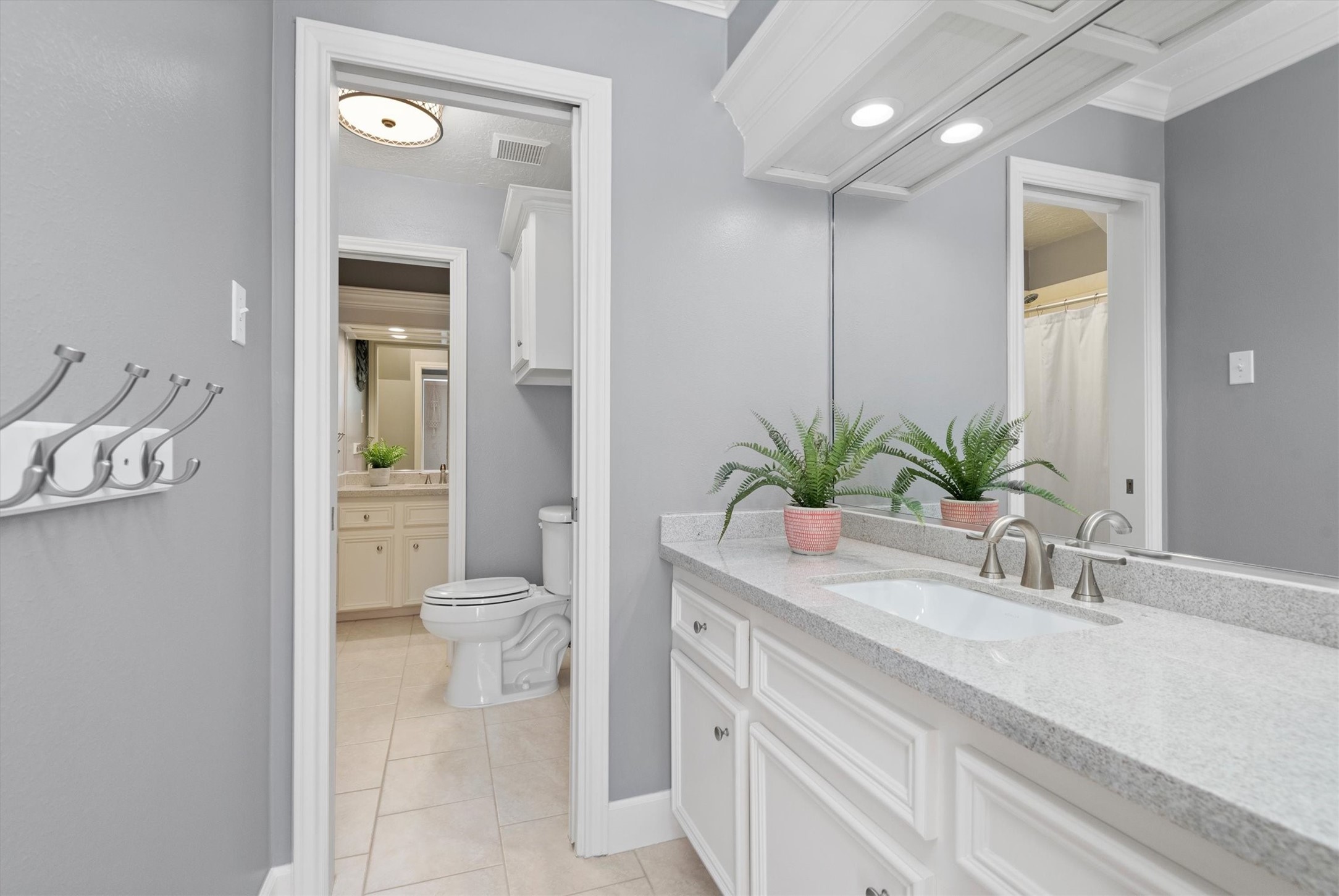 16022 Stewarts Grove Drive Spring, TX 77379 - Photo 34 of 45 a bathroom with a granite countertop sink a toilet and with mirror