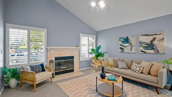 a living room with furniture and a fireplace