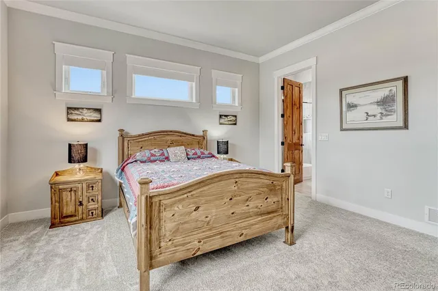a bedroom with a bed and cabinets