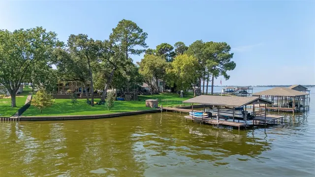 a view of an ocean with boats and trees