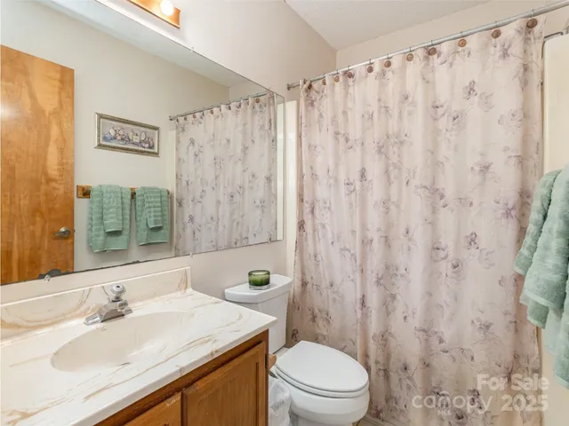 a bathroom with a granite countertop sink a toilet and a mirror