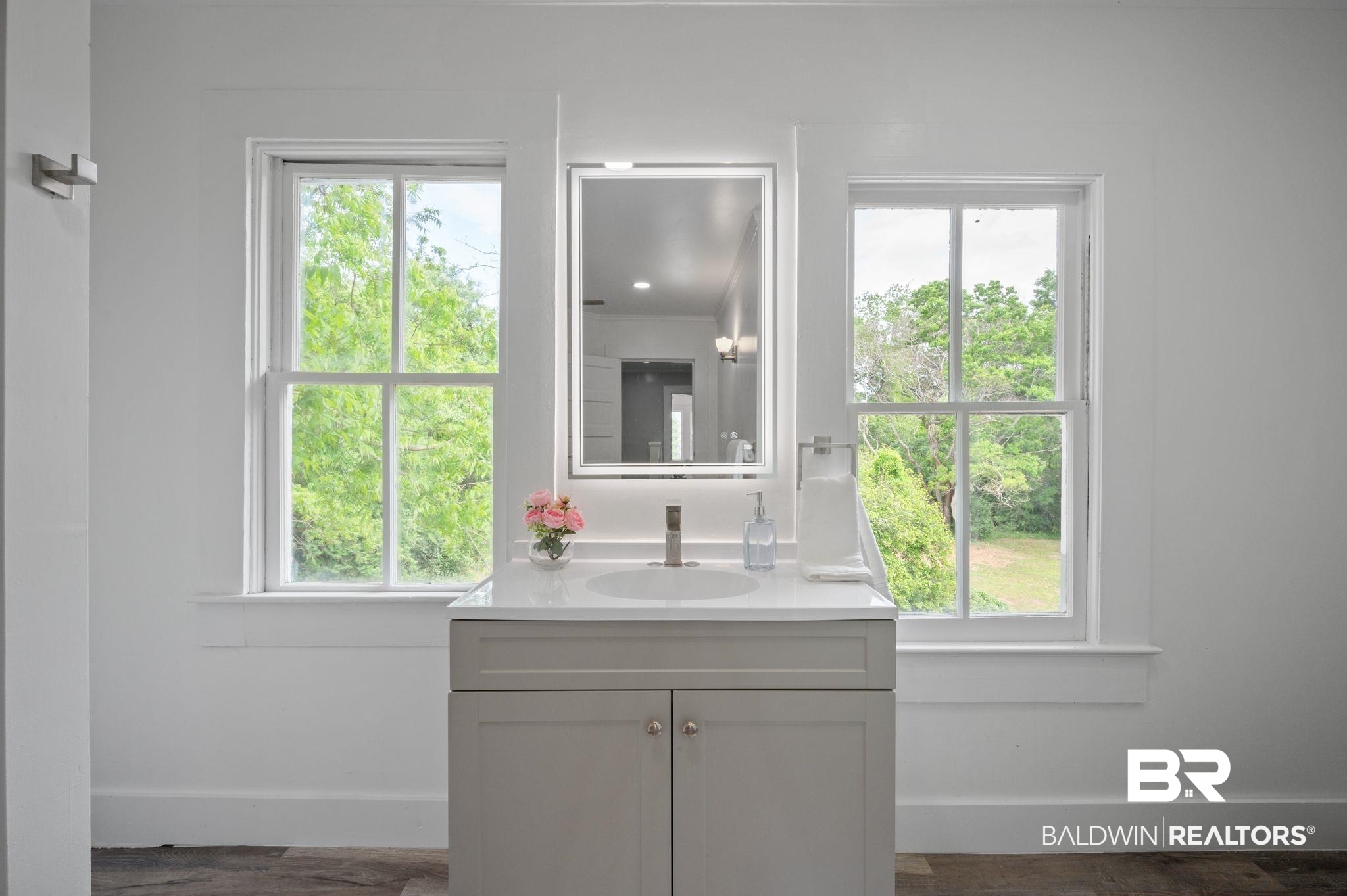 733 Pineville Road Monroeville, AL 36460 - Photo 32 of 68 Bathroom with wood finished floors, baseboards, a wealth of natural light, and vanity