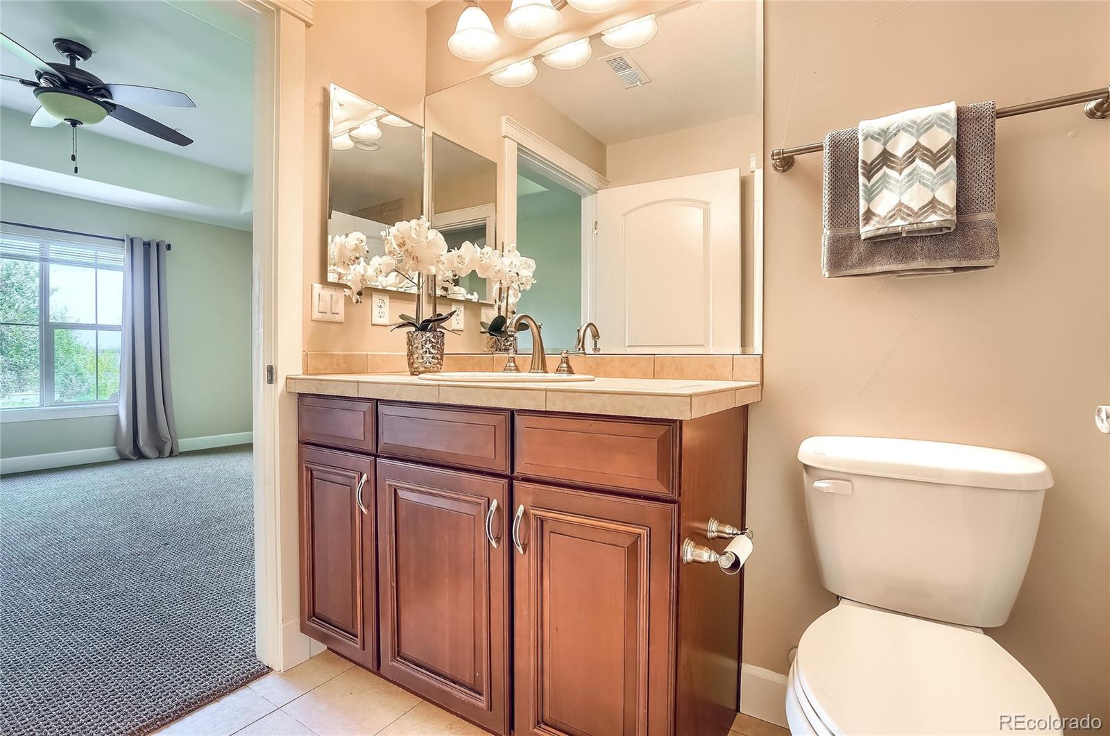2363 Primo Road, Unit E Highlands Ranch, CO 80129 - Photo 29 of 36 a bathroom with a toilet a sink and mirror