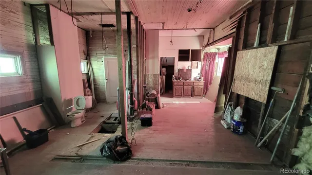 a view of a room with an empty space and a fireplace