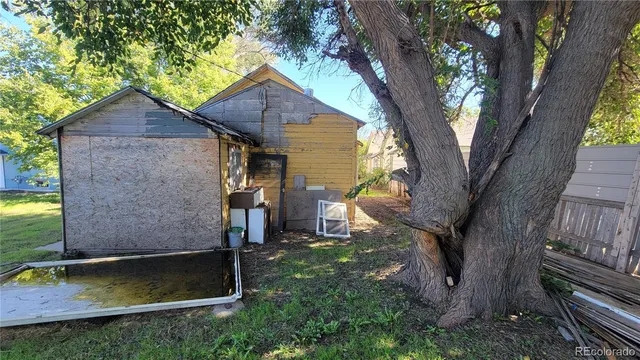a view of backyard with a barn and a large tree