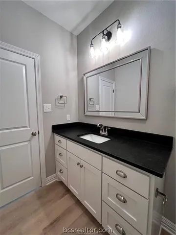 a bathroom with a sink a vanity and a mirror