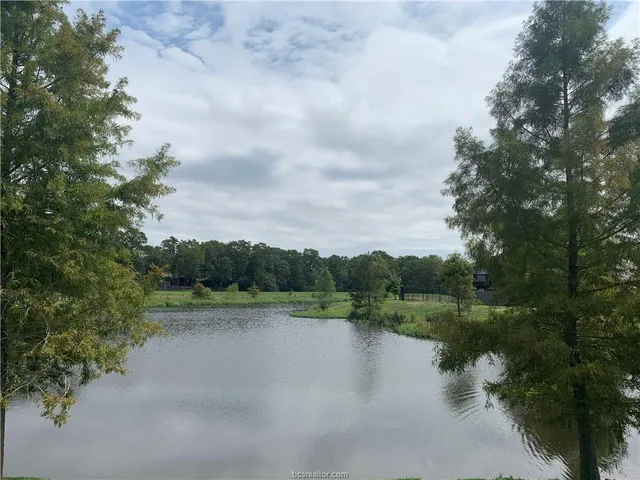 a view of a lake with green landscape and trees