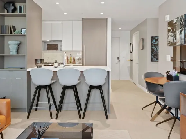 a view of a dining room with furniture