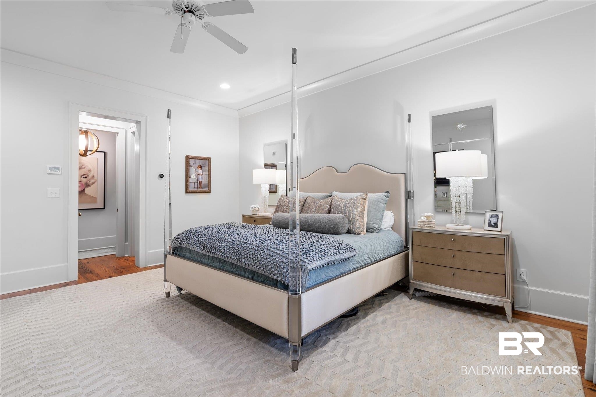 320 Long Court Mobile, AL 36608 - Photo 26 of 61 Bedroom featuring ceiling fan, light wood-type flooring, and ornamental molding