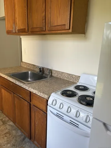 a close view of stove top oven with dishwasher and cabinets